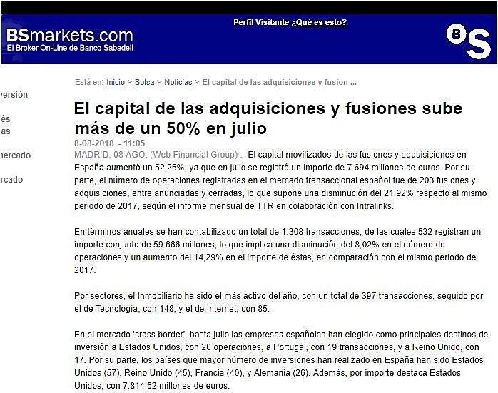 El capital de las adquisiciones y fusiones sube ms de un 50% en julio